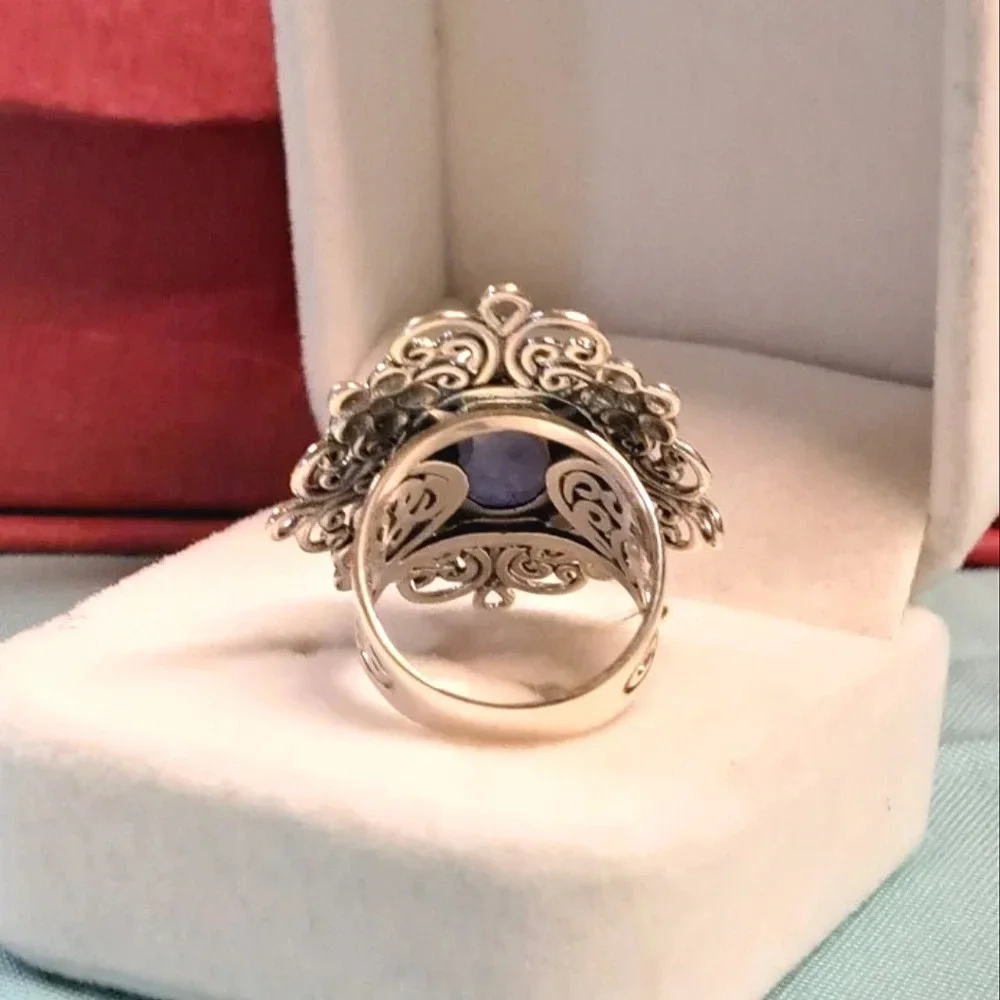 Tanzanite Natural Hand Carved Floral Ring In 925 Sterling Silver.